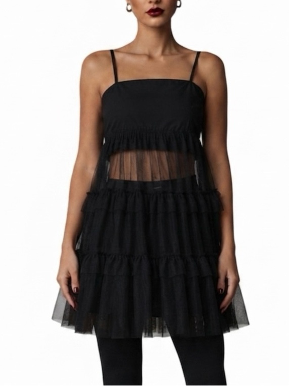 Maeve Anthropologie Black Tiered Mesh Slip Dress Whimsigoth Dark Romantic S